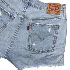 Levis 501 Shorts Womens 28 Blue Distressed Denim High Rise Cutoff Frayed Hem